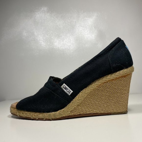 Toms Women Shoes Twill Espadrilles Cork Peep Toe Wedge Black Sz 7 - Picture 9 of 16